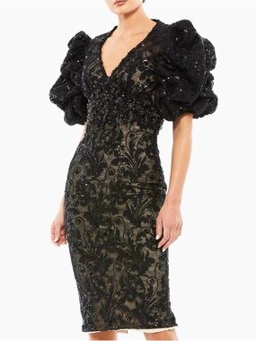 Mac Duggal Black Embellished Lace Midi Dress with Puff Sleeves